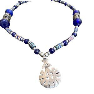 Handmade Blue Beaded Necklace with Silver Pendant Unique Artisan Jewelry Bohemia